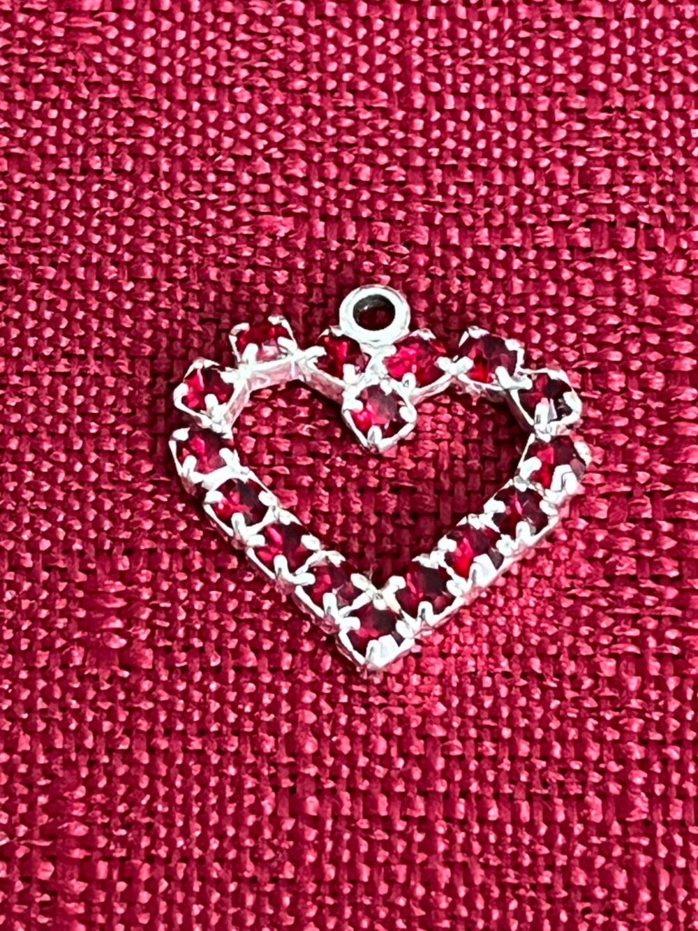 Vintage 16 Red Rhinestone Silver Toned Heart Pendant